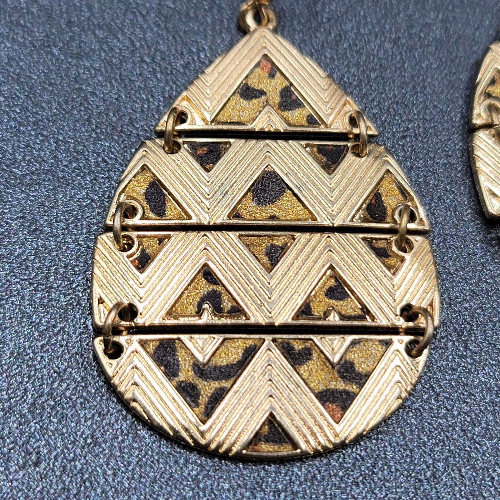 Pierced Earrings Gold tone Articulated Metal Teardrop Leopard Print Dangle 2"