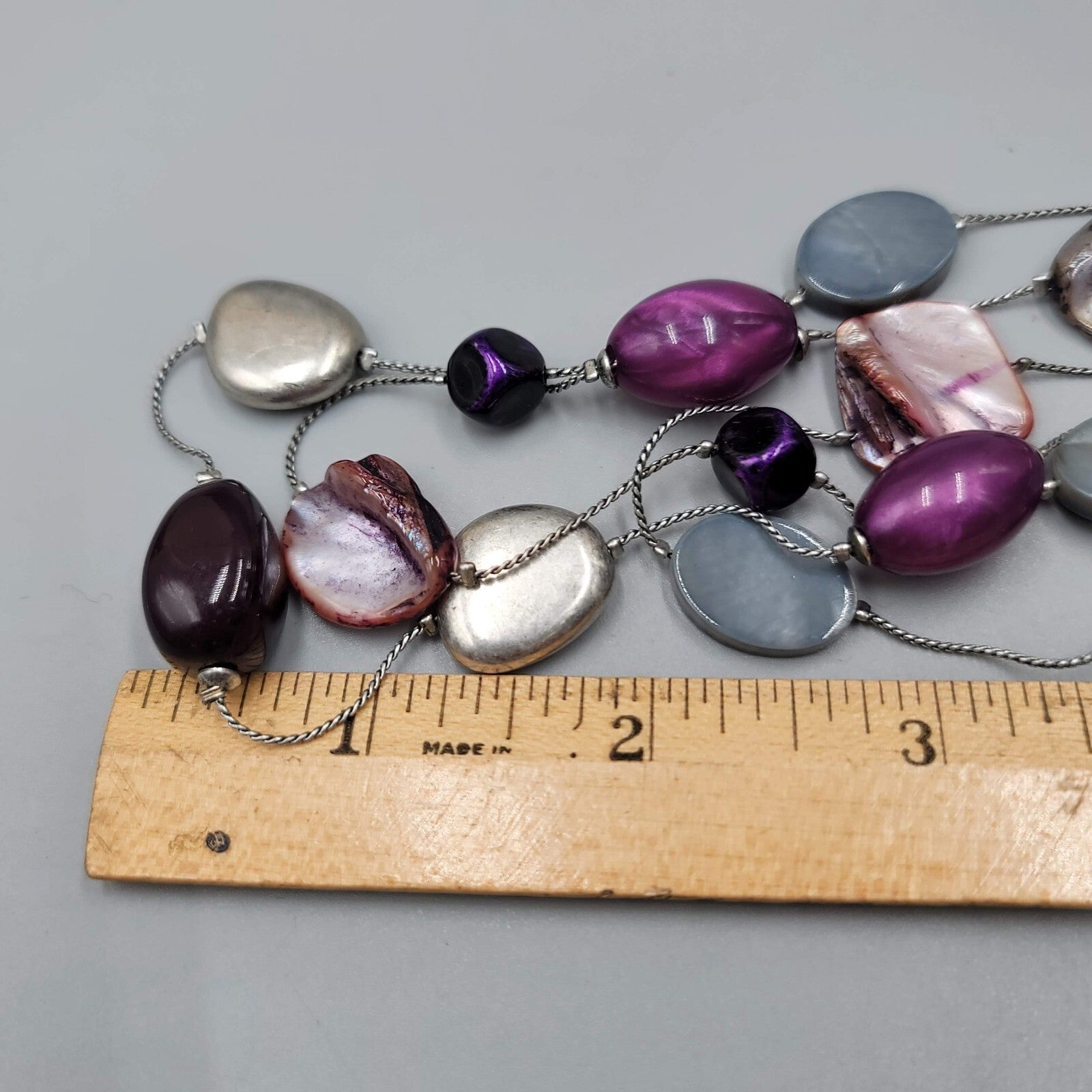 Triple Strand Necklace Purple Gray Shell Station Bead Silver tone  18"