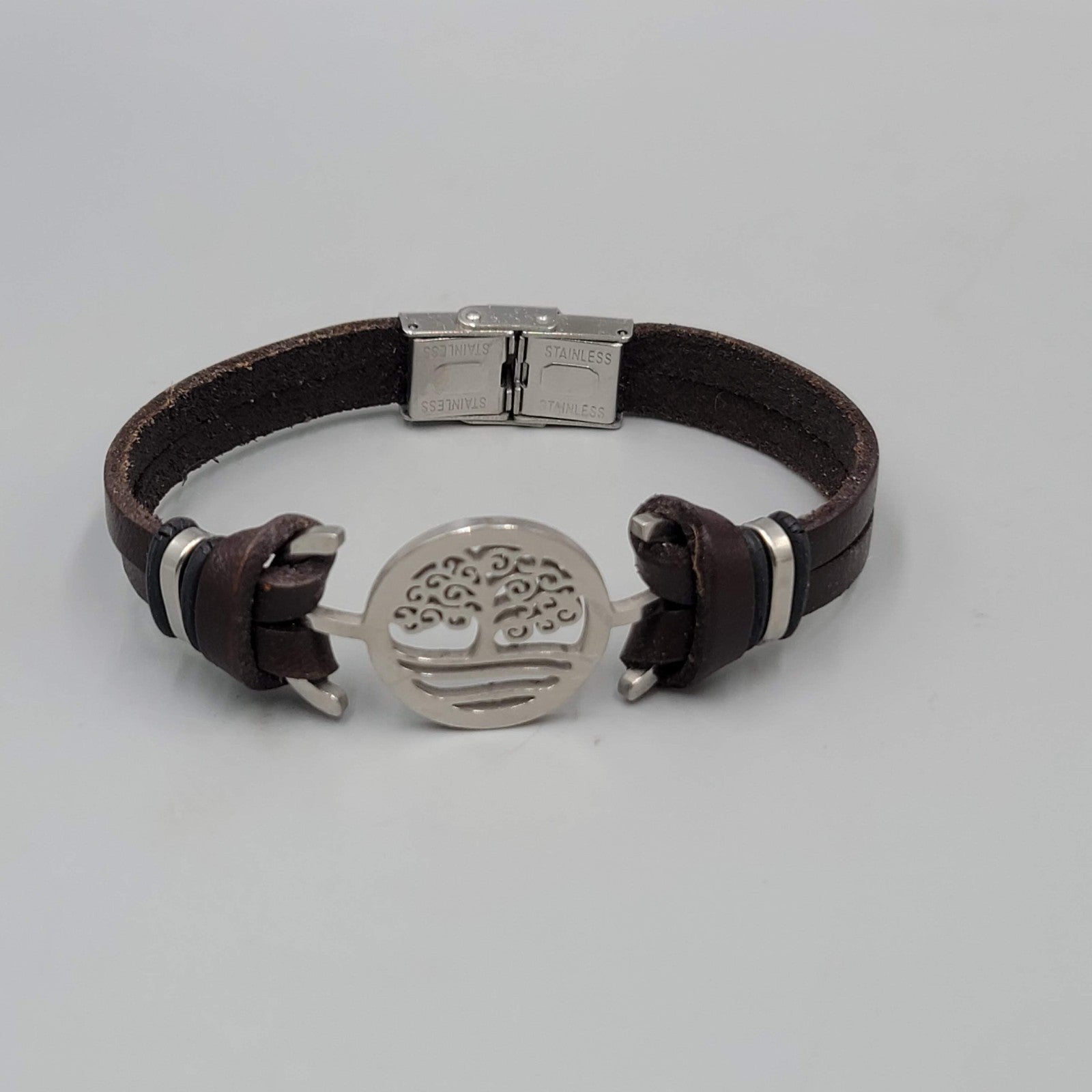 Tree Medallion Stainless Steel Bracelet Brown Leather Unisex 7"