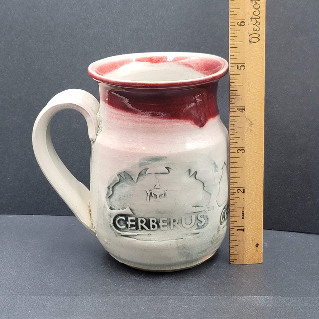 Cerberus Dog Handmade Pottery Coffee Mug Mythical Beast Red Gray Blue