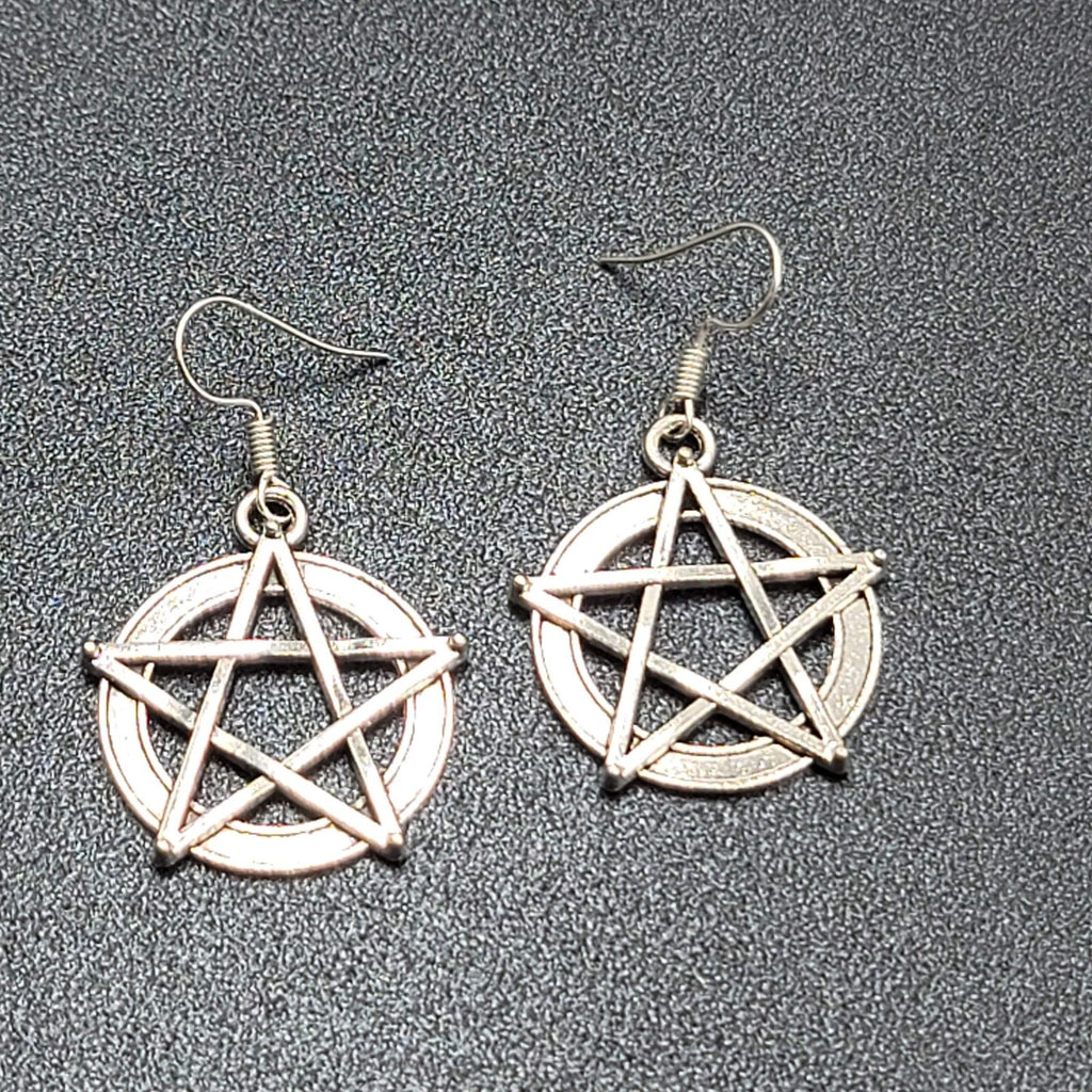Pentacle Pierced Earrings Silver tone Witch Pentagram Dangle 1 1/8"