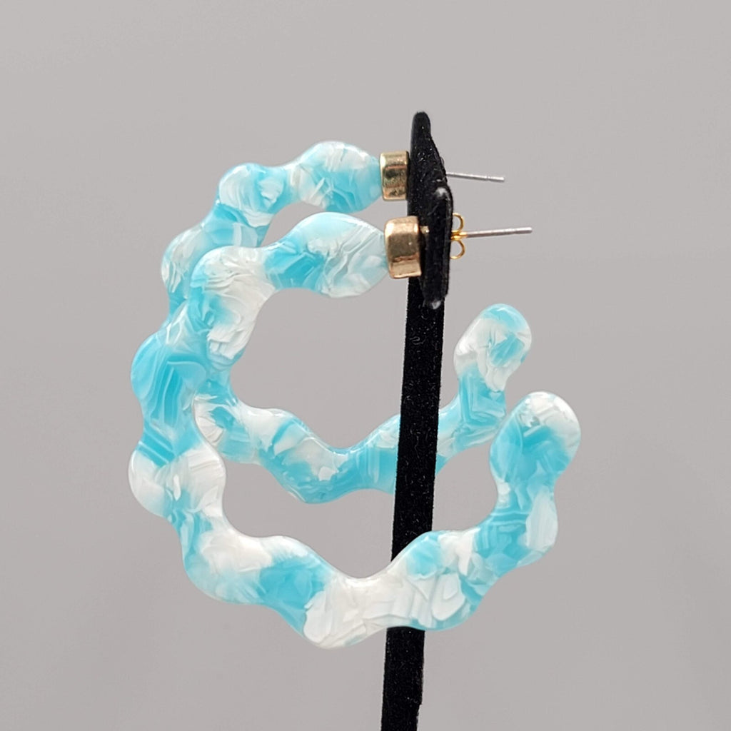Blue Resin Scalloped Hoops Pierced Earrings Gold tone 2"