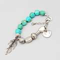 Louisa Bracelet Blue Pottery Bead Silver tone Feather Charm 6.75"-7.75"