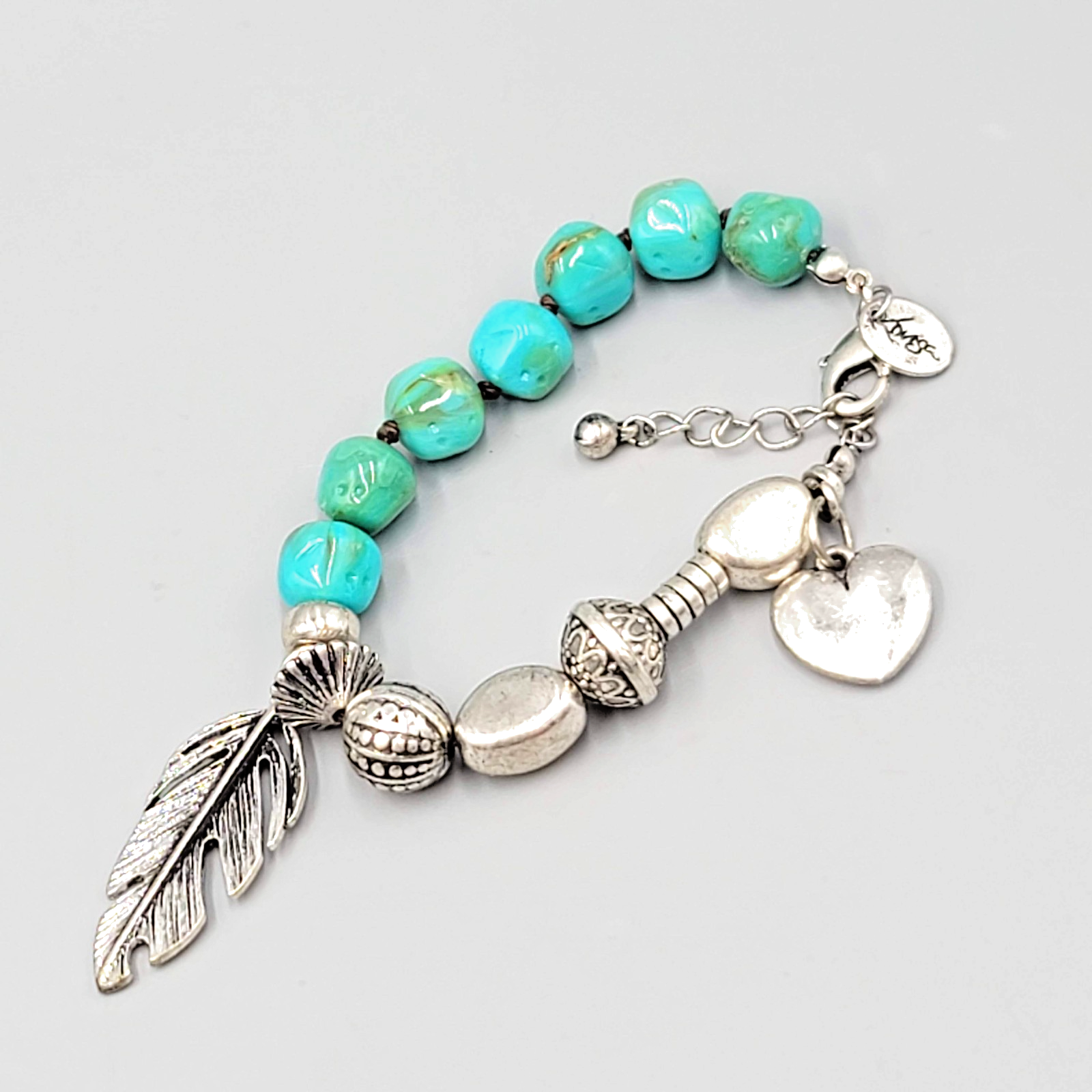 Louisa Bracelet Blue Pottery Bead Silver tone Feather Charm 6.75"-7.75"