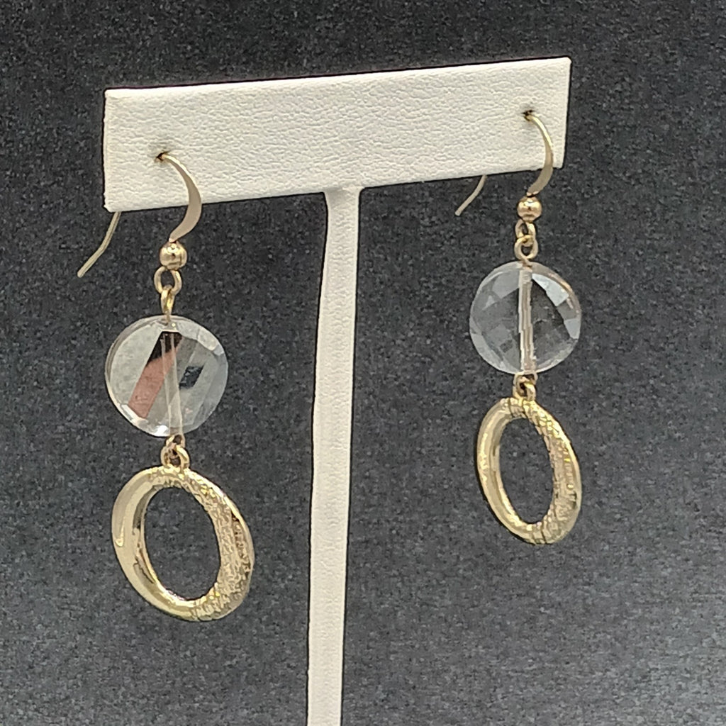 Pierced Earrings Gold tone Glass Bead Open Circle Dangle 1 5/8"
