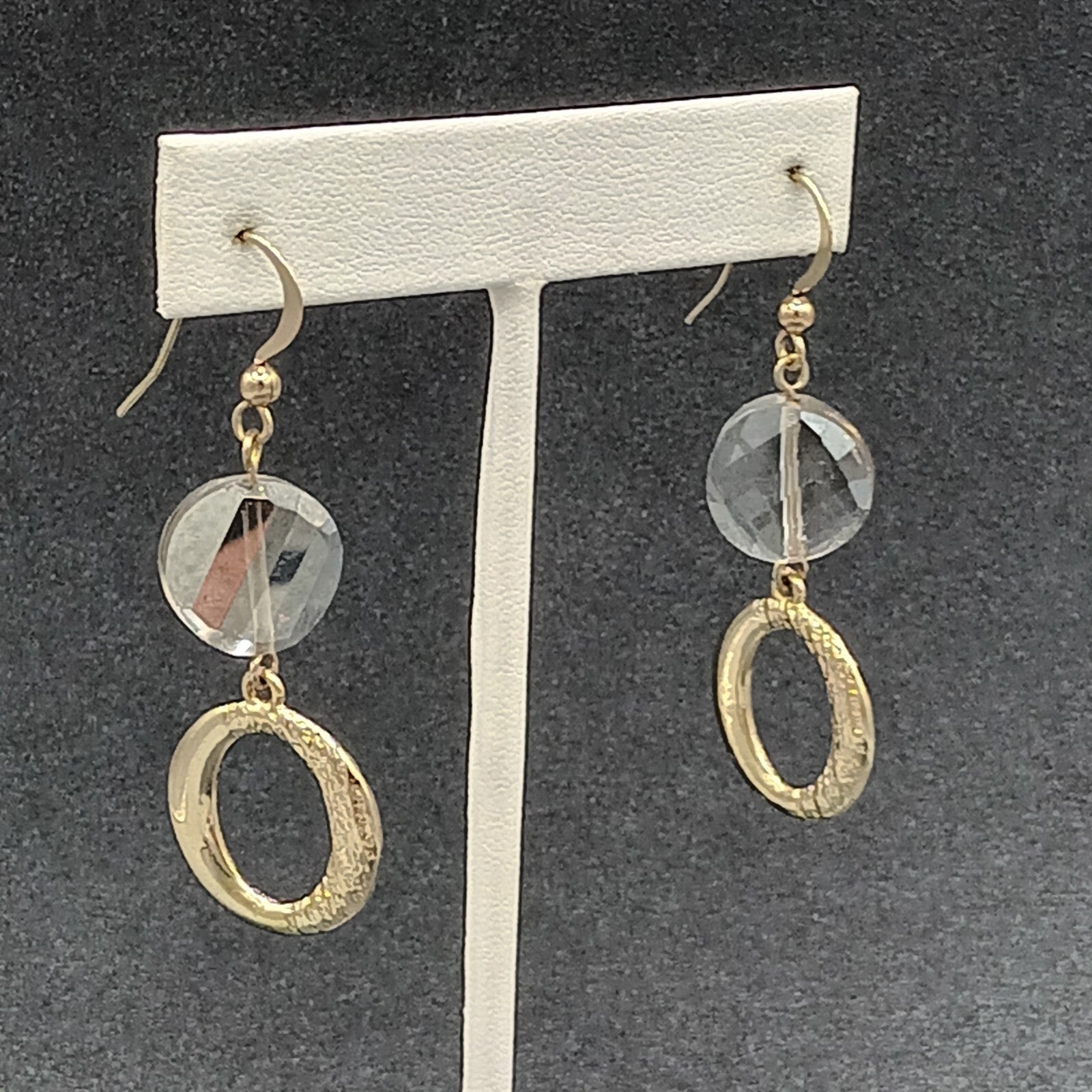 Pierced Earrings Gold tone Glass Bead Open Circle Dangle 1 5/8"