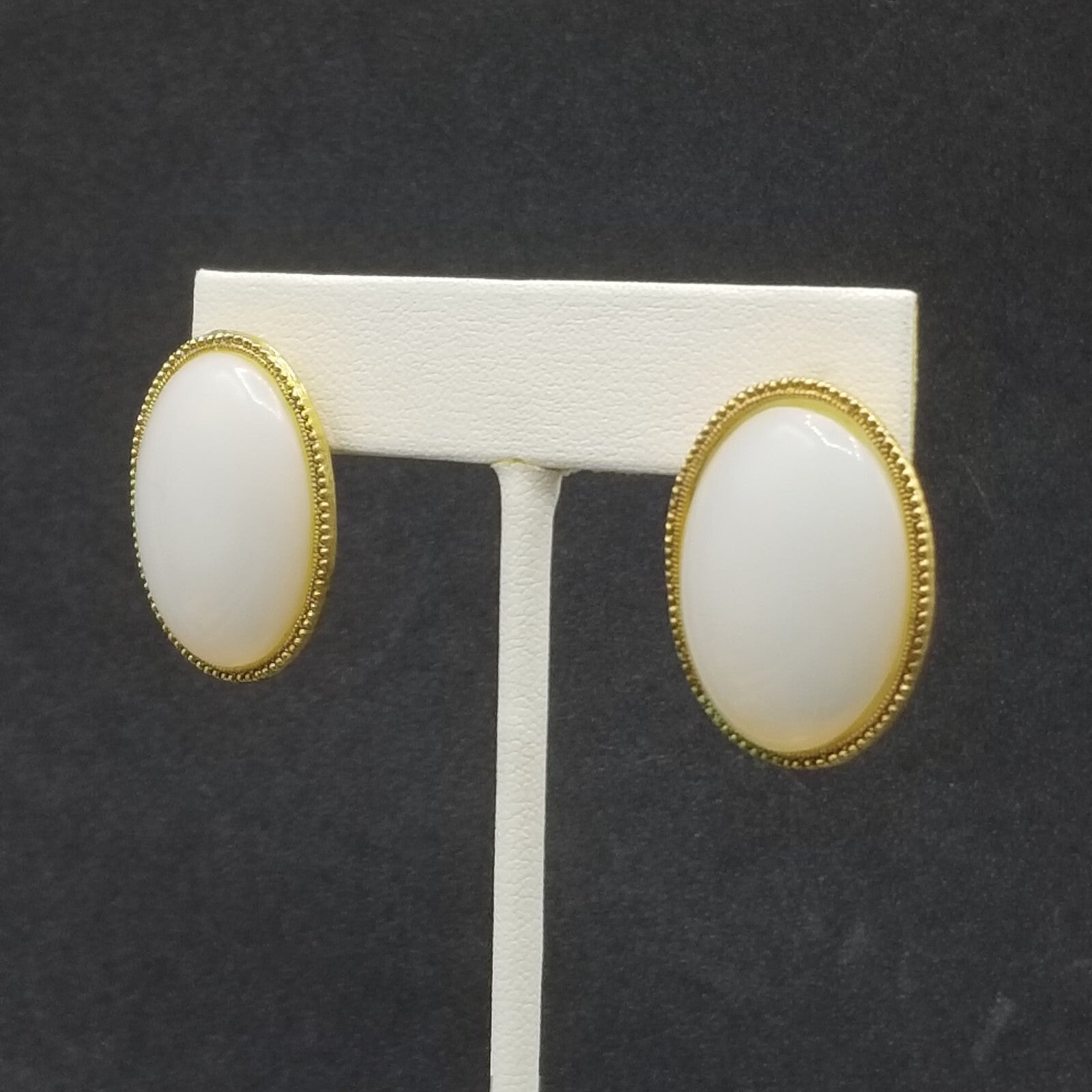 Pierced Earrings Gold tone White Glass Cabochon Drop 1 1/8"
