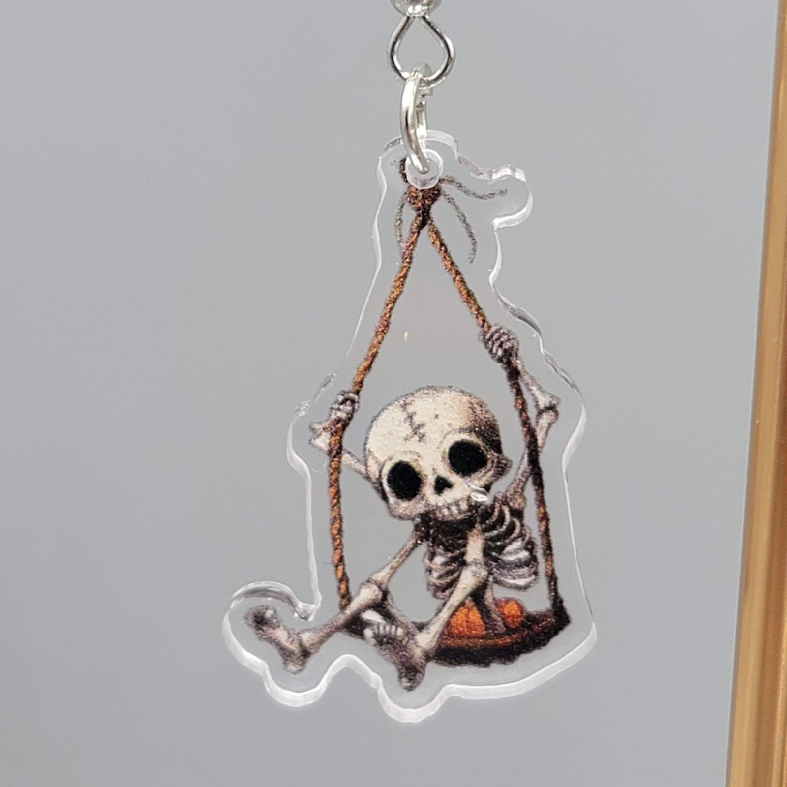 Halloween Swinging Skeleton Pierced Earrings Silver tone Dangle 1.5 in