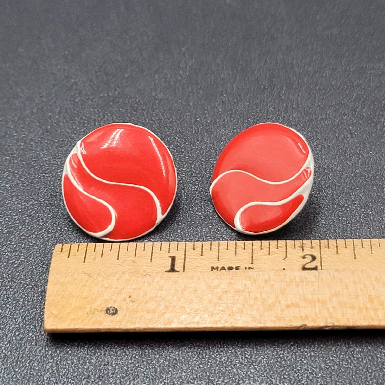 Vintage Pierced Earrings Heavy Enamel Red White Disc Studs 7/8"