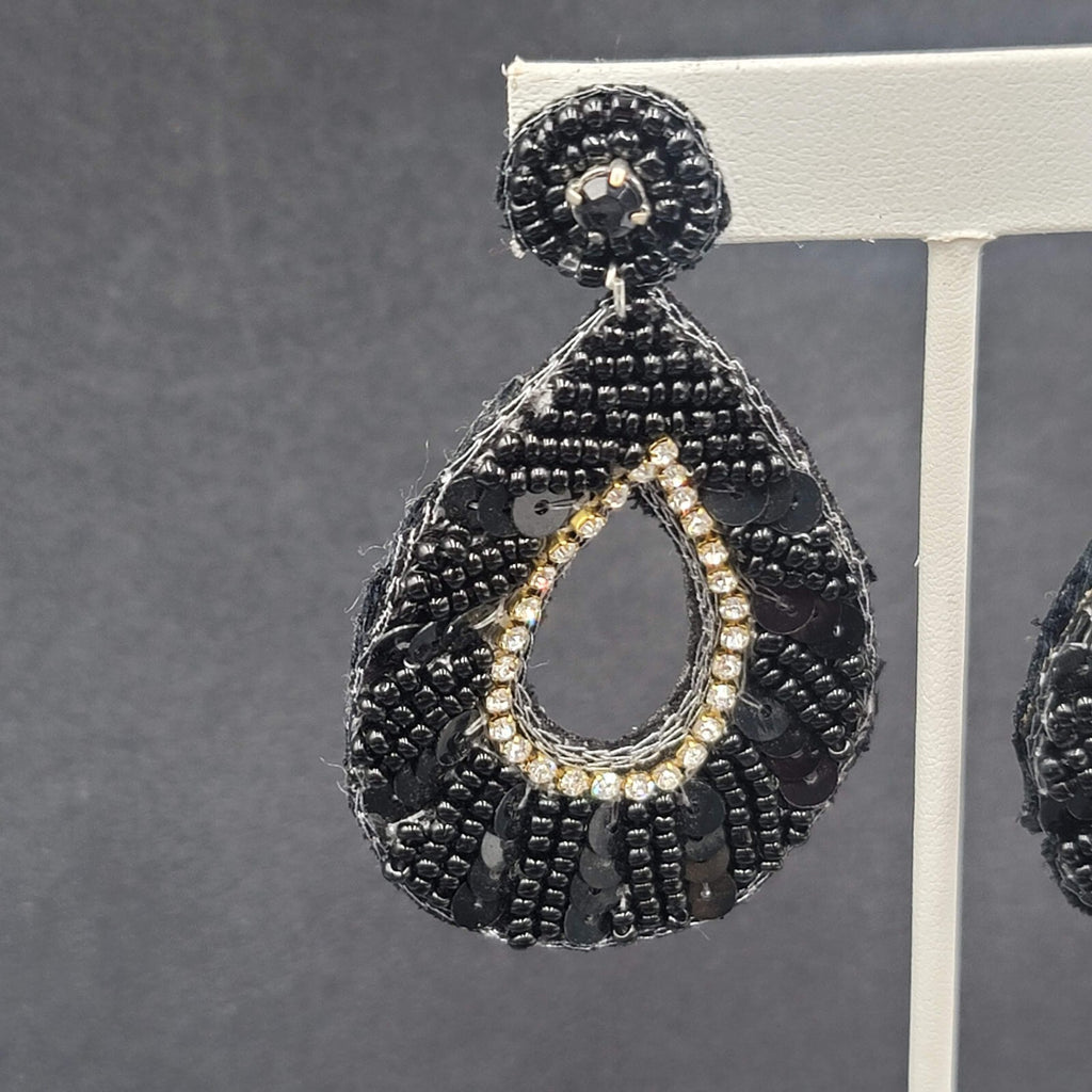 Pierced Earrings Black Felt Seed Beaded Rhinestone Runway Dangle 3"