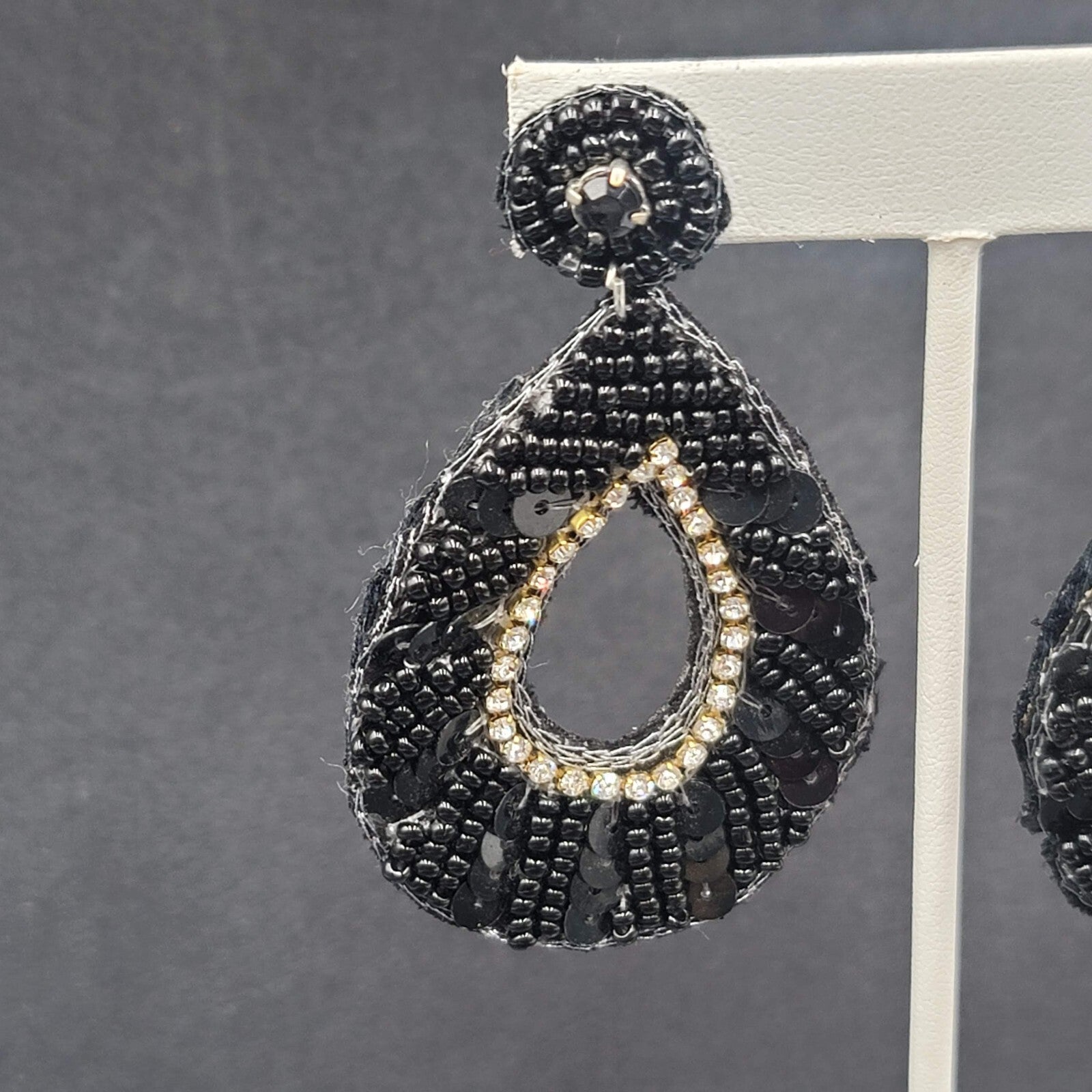 Pierced Earrings Black Felt Seed Beaded Rhinestone Runway Dangle 3"