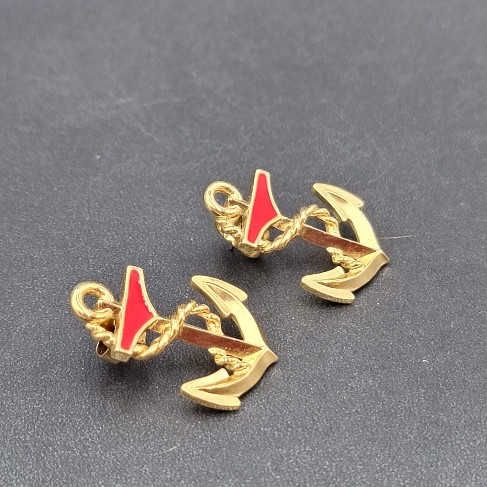 Vintage Pierced Earrings Enamel Anchor Nautical Gold tone 1.25"