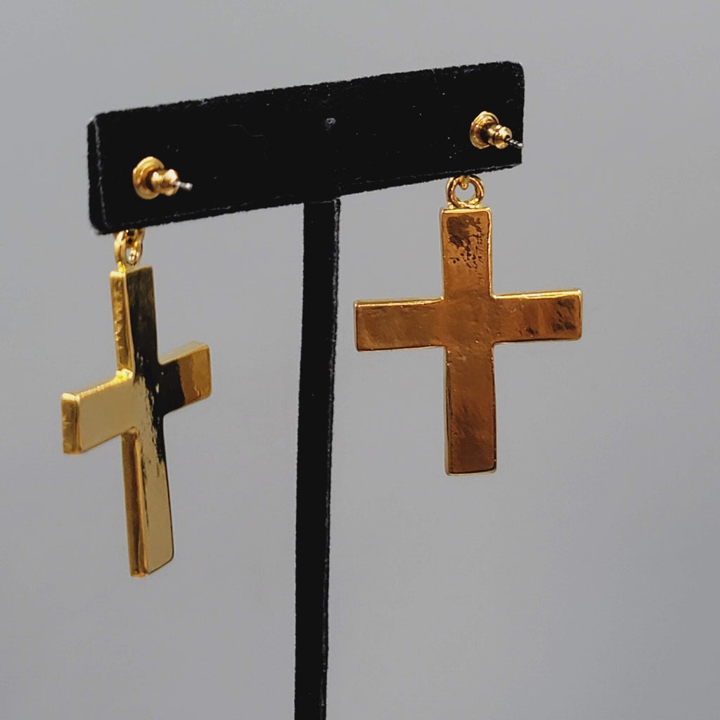 Cross Pierced Earrings Gold Plated Enamel Rhinestone Crystal Dangle 1.75"