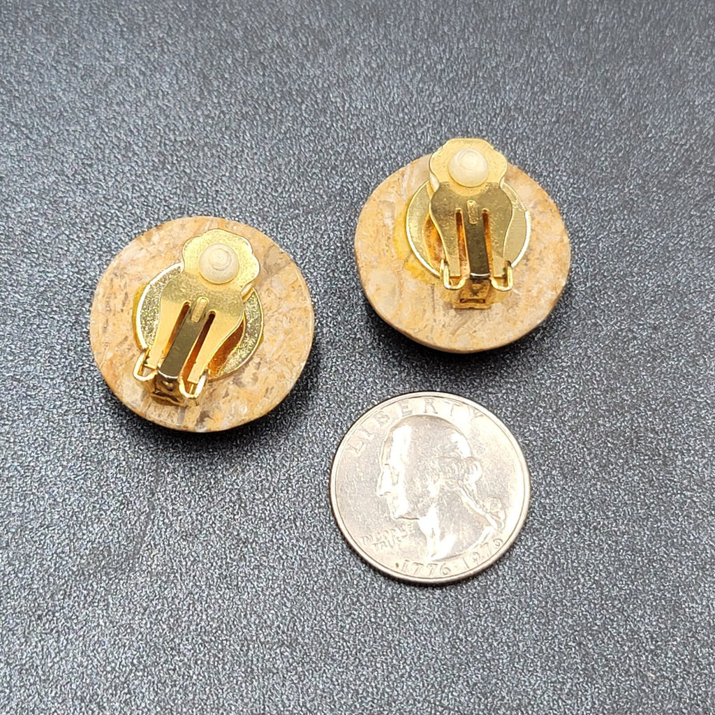 Vintage Clip on Earrings Agate Stone Dome Round 1"