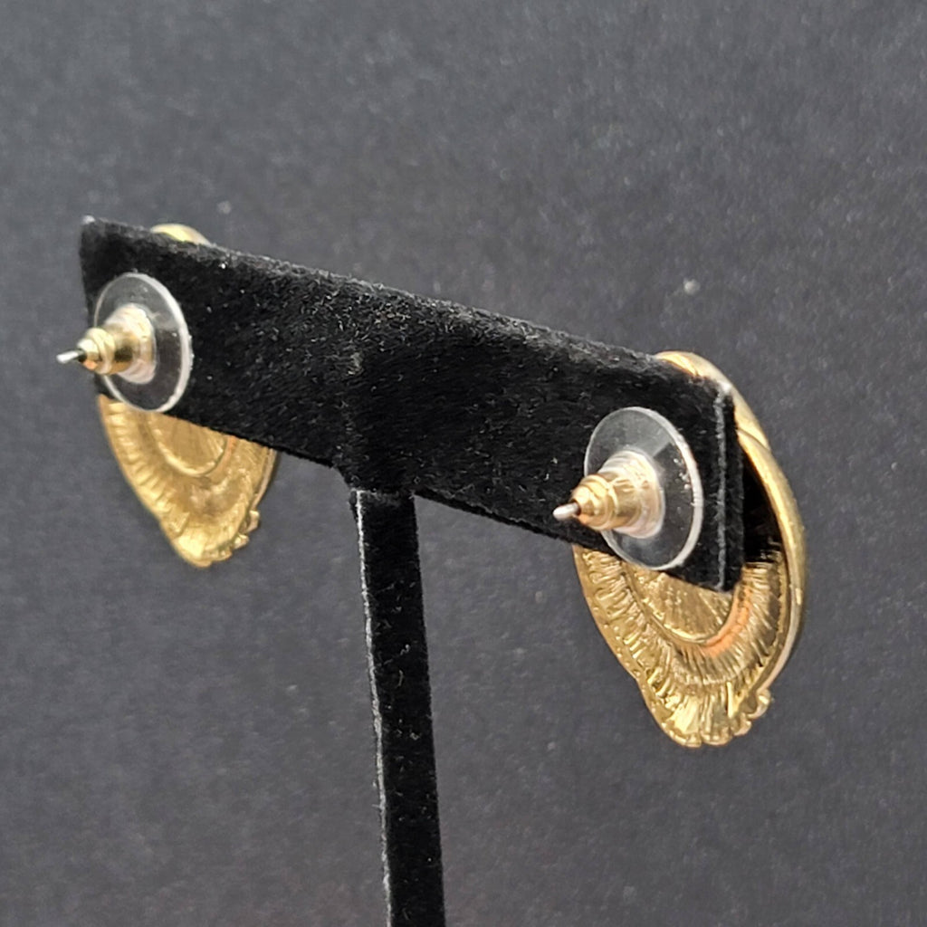 Vintage Avon Cavier Pierced Earrings Gold tone Dark Gray Satin Cabochon 1"