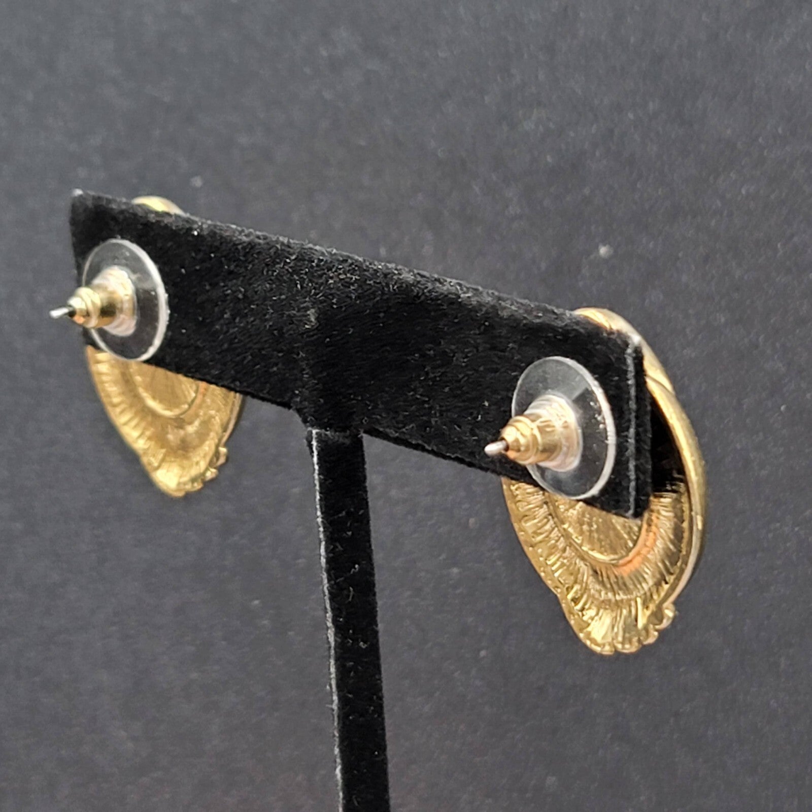 Vintage Avon Cavier Pierced Earrings Gold tone Dark Gray Satin Cabochon 1"