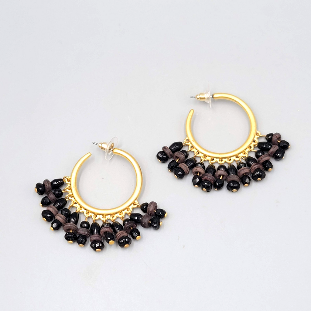 Beaded Hoop Pierced Earrings Hoops Gold tone Dangle 1.75"
