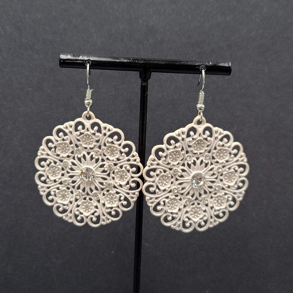 Pierced Earrings White Enamel Rhinestone Medallion Open Work 1.75"