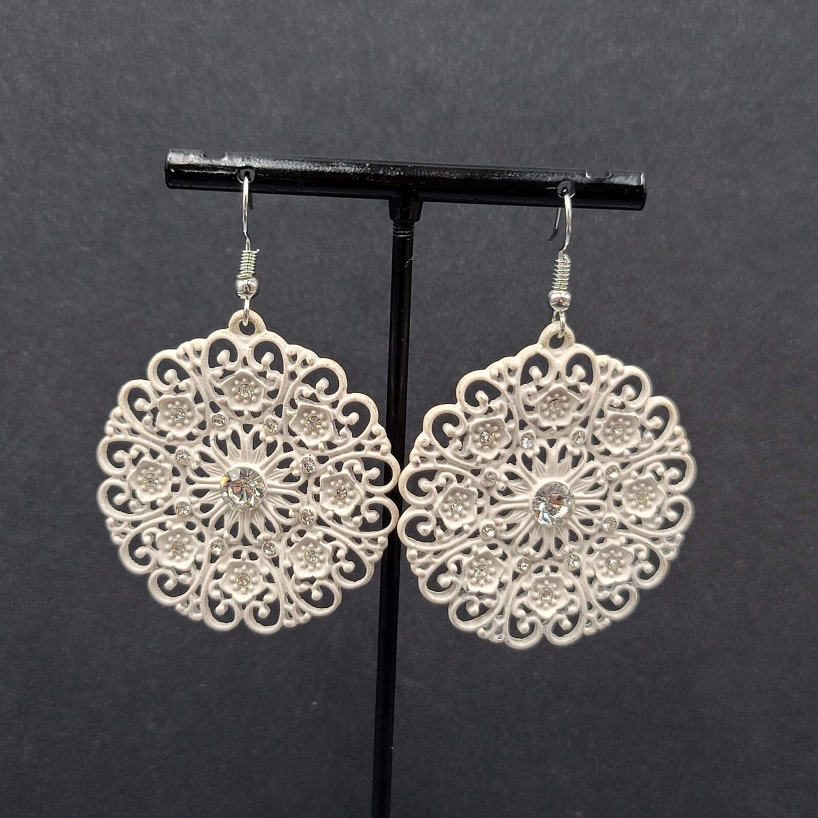 Pierced Earrings White Enamel Rhinestone Medallion Open Work 1.75"