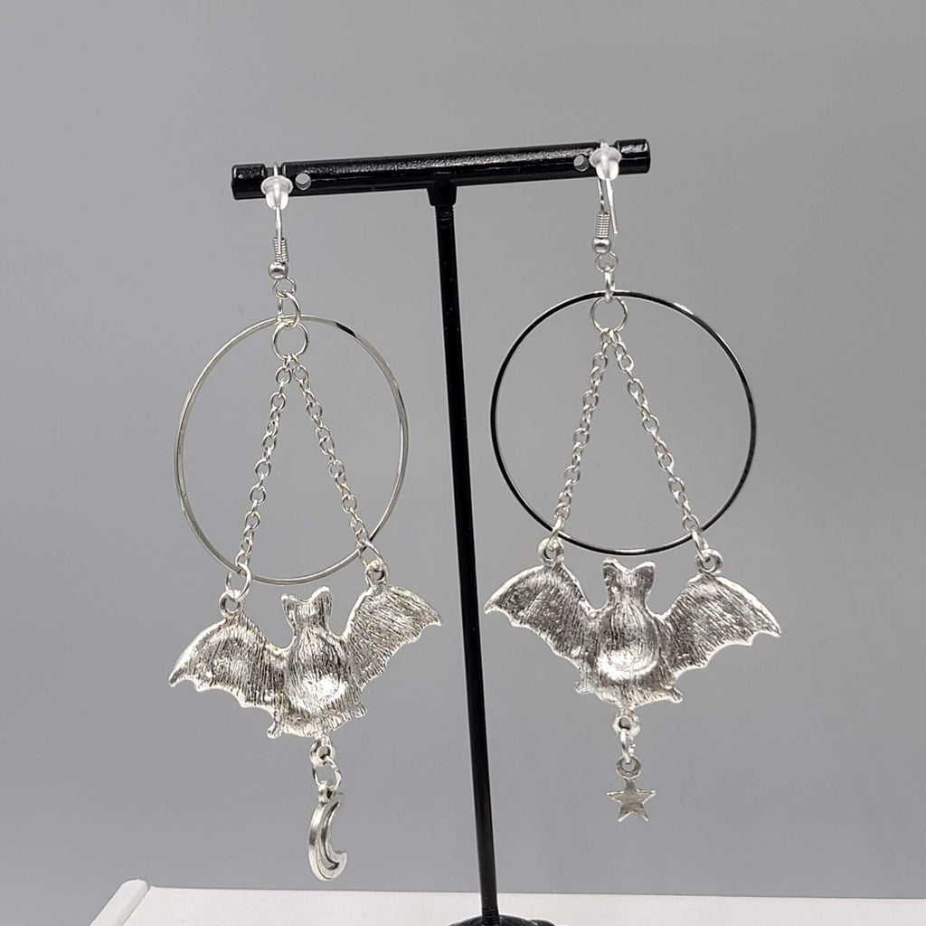 Bat Star Moon Pierced Earrings Large Gothic Punk Silver tone Dangle NEW 3.5"