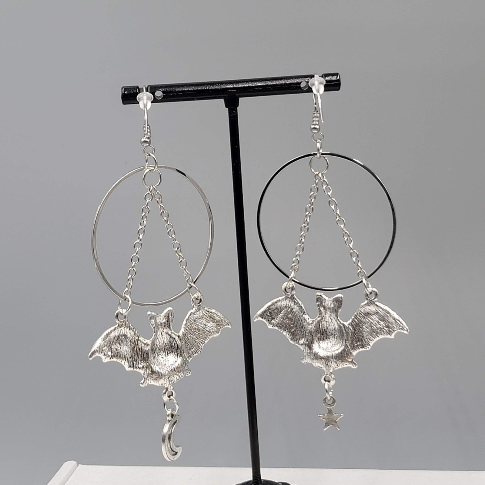 Bat Star Moon Pierced Earrings Large Gothic Punk Silver tone Dangle NEW 3.5"