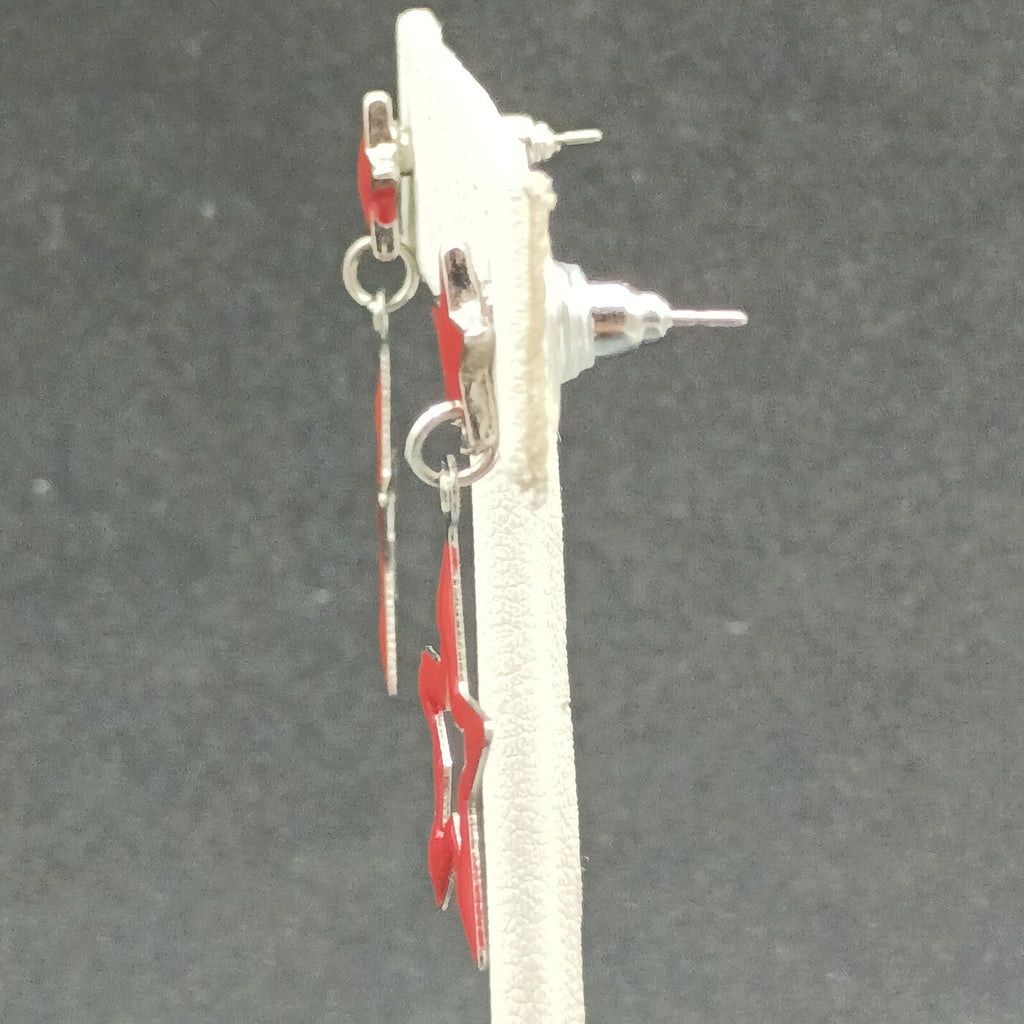 Lot of 2 Pairs Pierced Earrings Red Blue Enamel Silver tone Star Dangle 1 1/4"