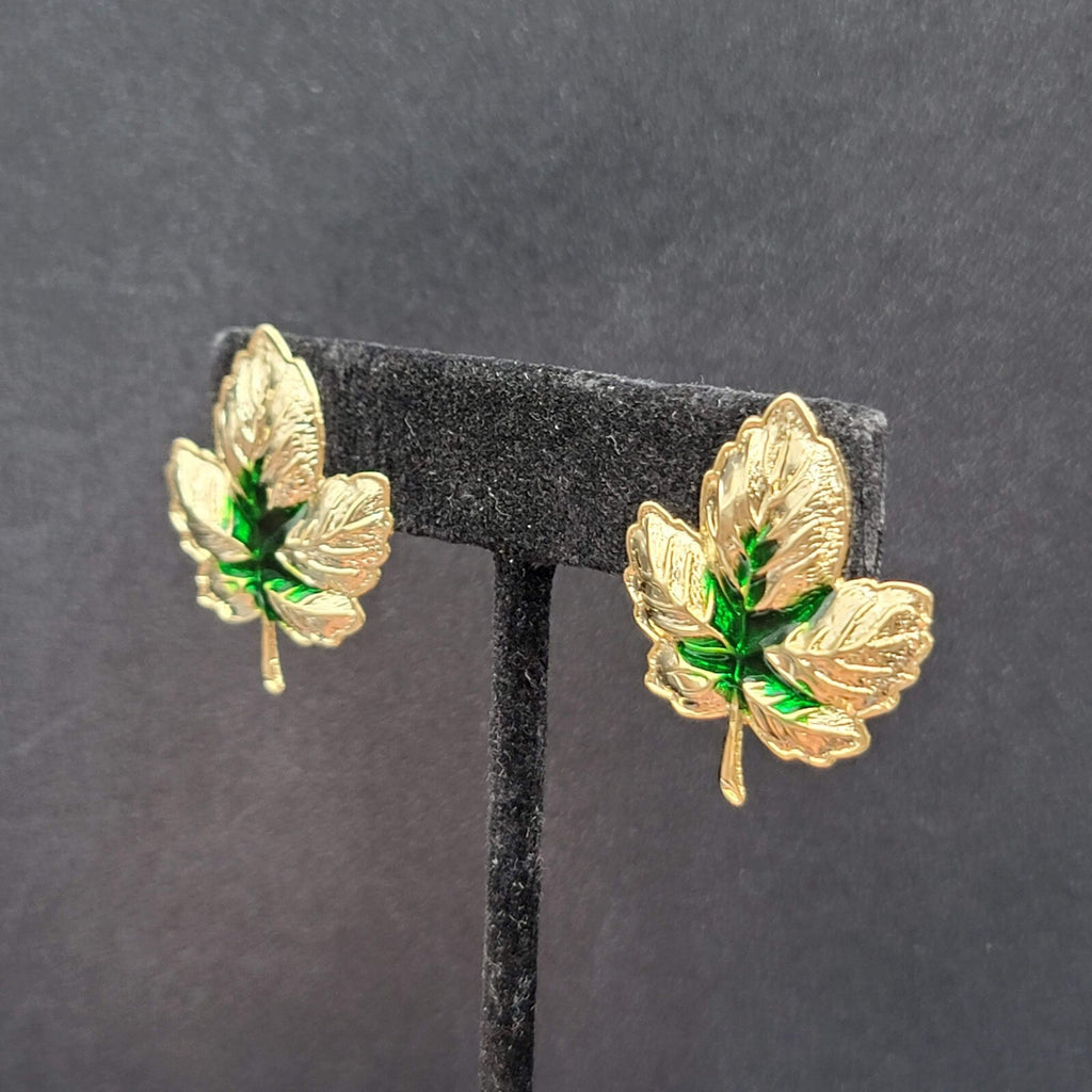 Pierced Earrings Gold tone Green Enamel Leaves Drop 1.25"