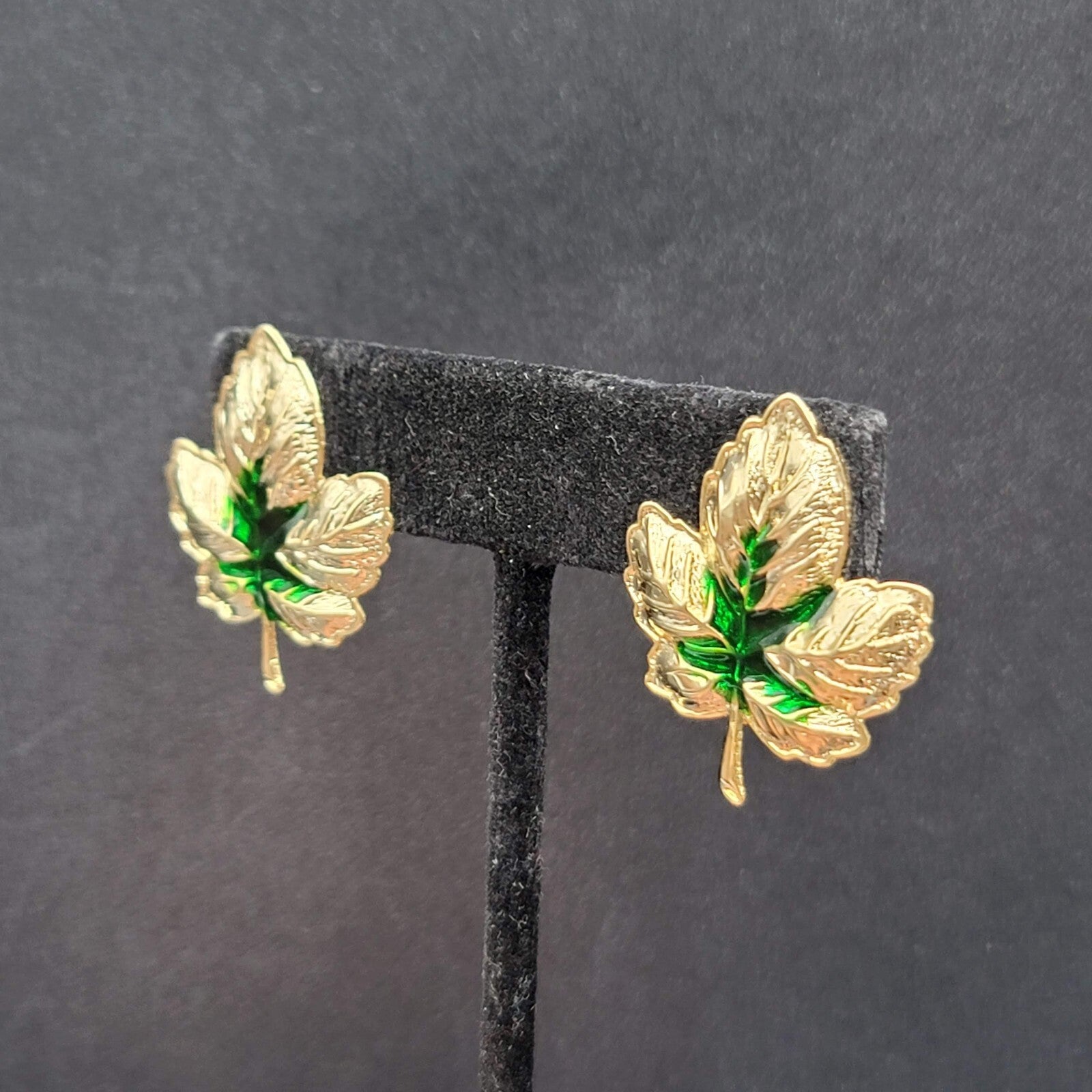 Pierced Earrings Gold tone Green Enamel Leaves Drop 1.25"