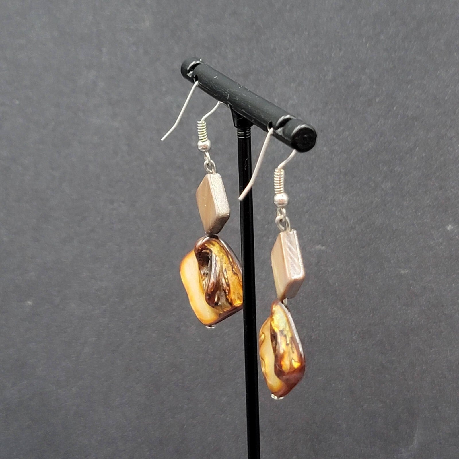 Pierced Earrings Silver tone Dyed Brown Shell Square Beads Dangle 1 3/8"