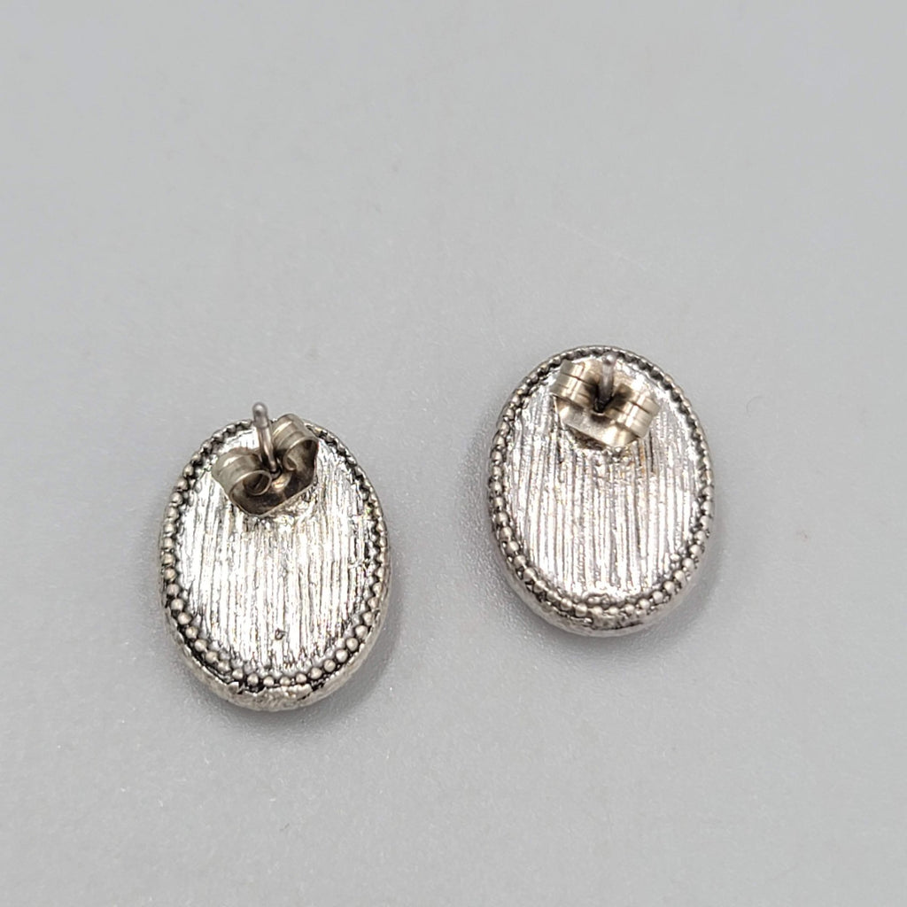 Stud Pierced Earrings Southwest Silver tone Oval Red Cabochon 1/2"