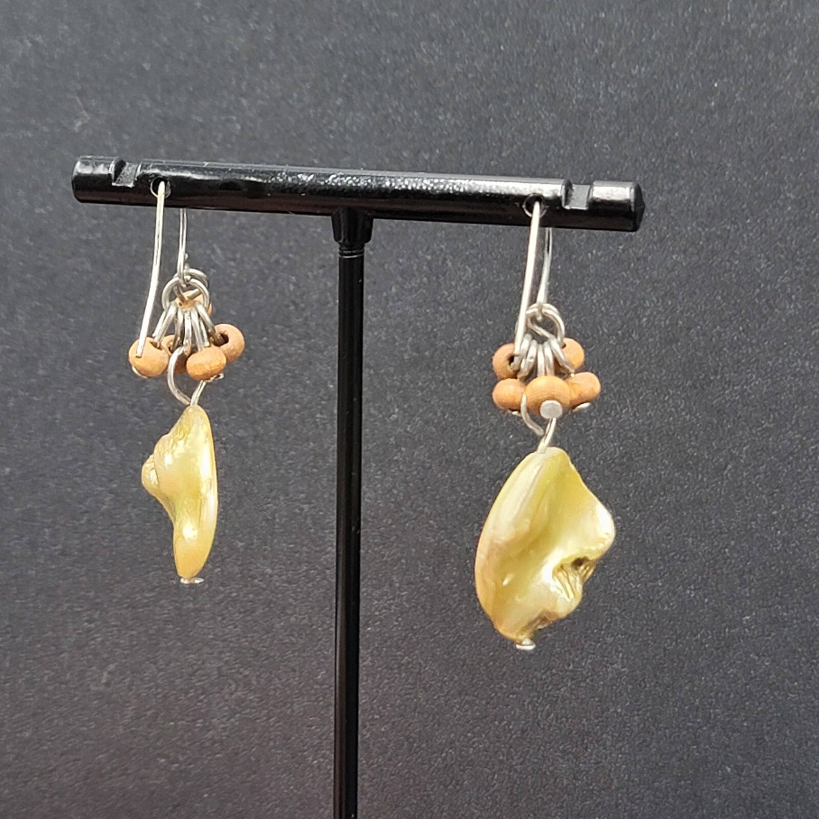 Pierced Earrings Silver tone Yellow Shell Wood Bead Dangle 1.25"