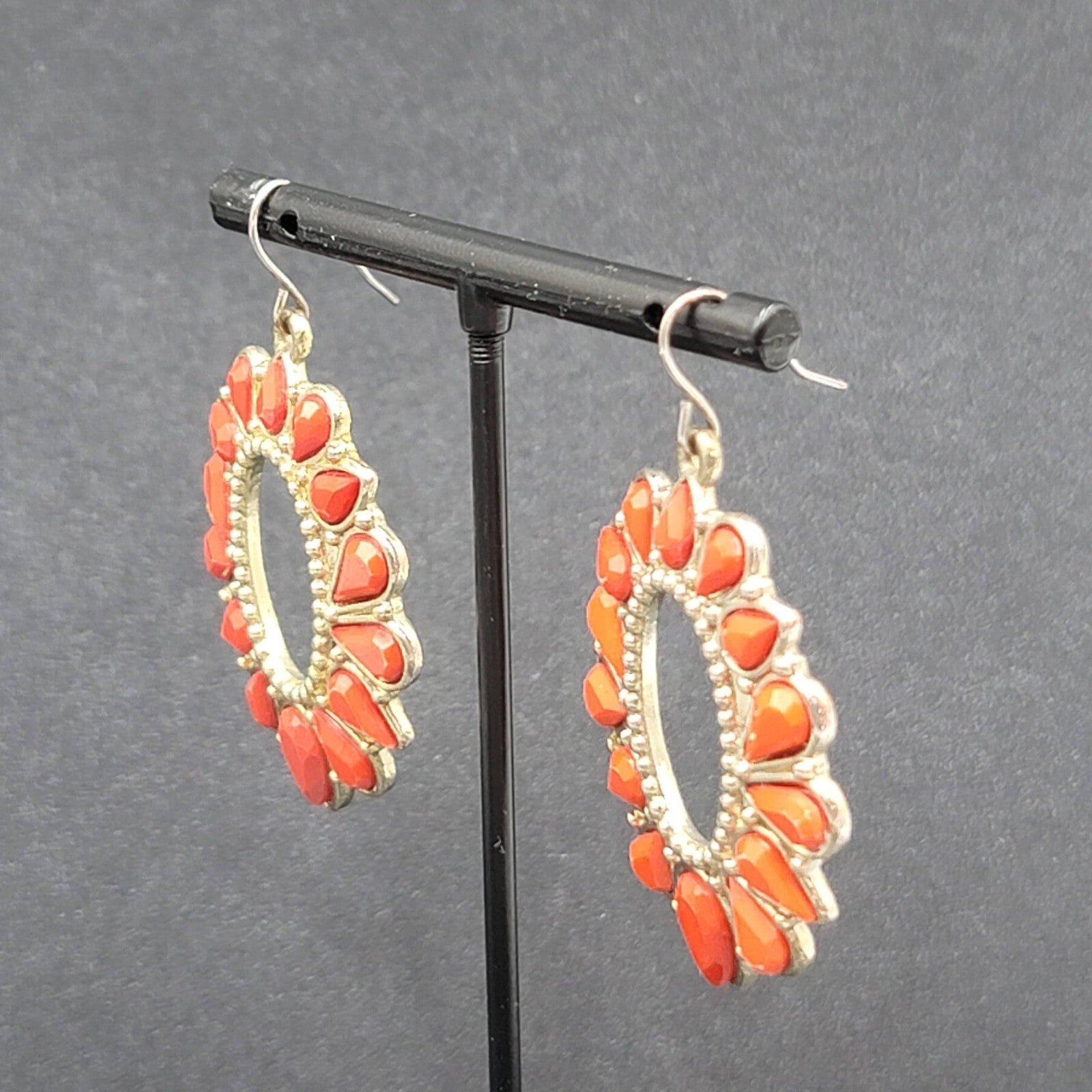 Pierced Earrings Gold tone Orange Open Teardrop Dangle 1.75"