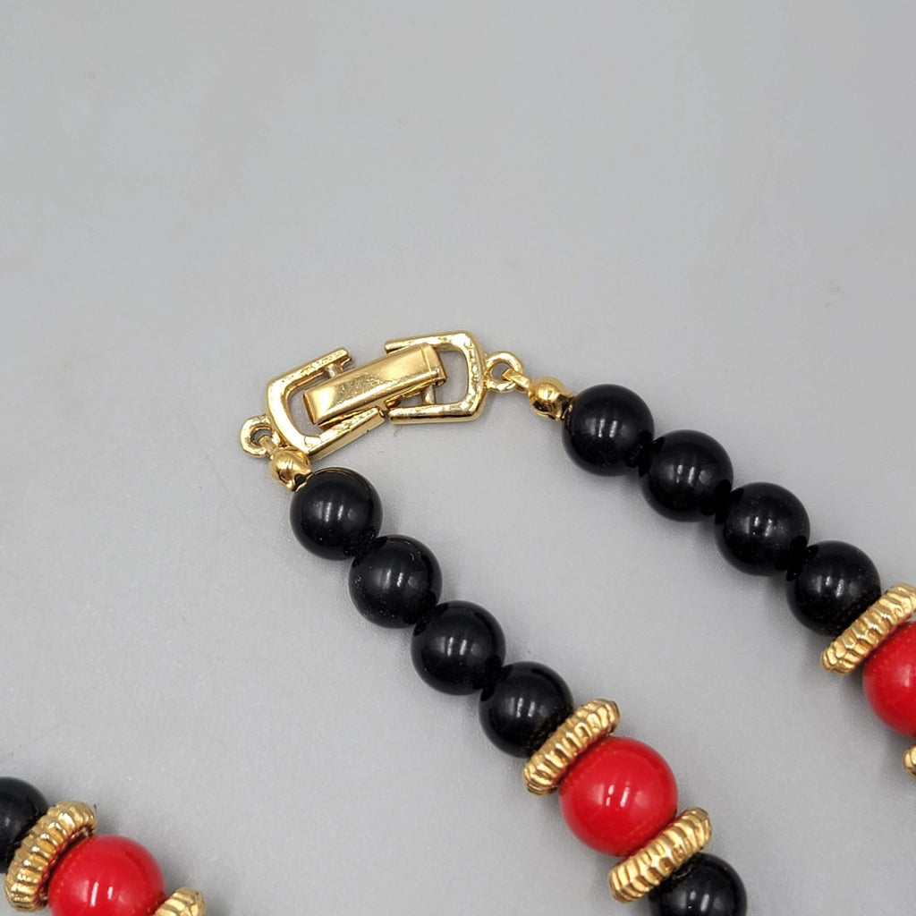 Vintage Black Red Bead Necklace Gold tone 32" Estate Costume Jewelry