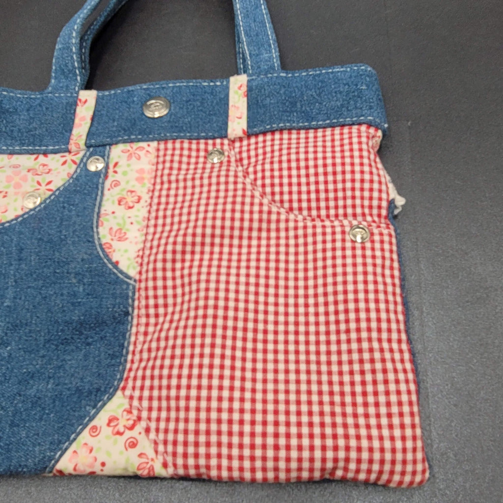 Vintage Denim Purse Red White Plaid Flowers 9.25" x 7.75" Toy