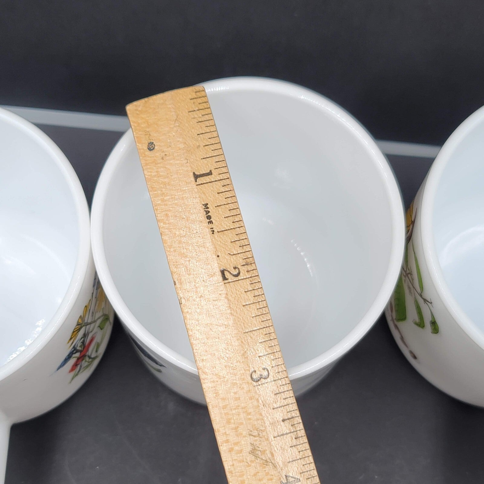 Vtg White Milk Glass Coffee Mugs Made in France Lot of 3 Butterfly Flowers Plant