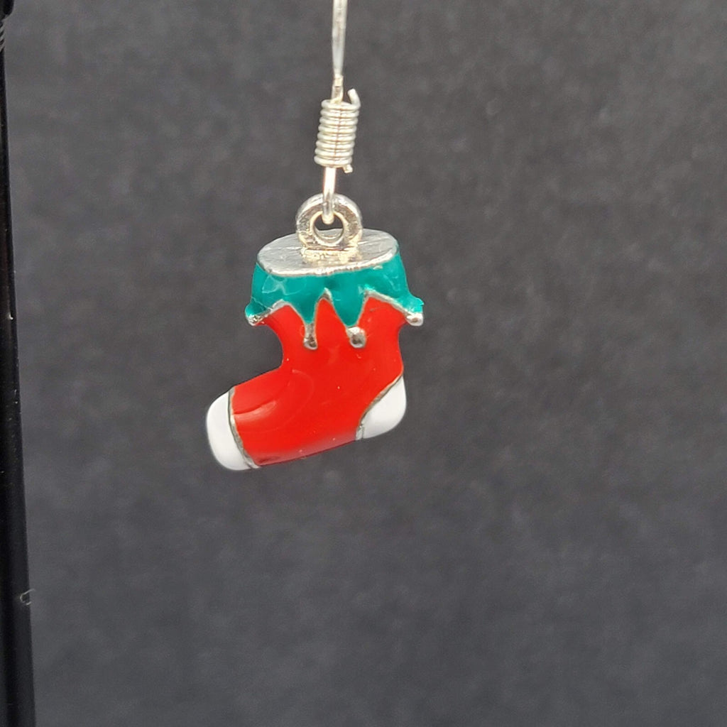 Christmas Pierced Earrings Silver tone Enamel Stockings Solid 5/8"