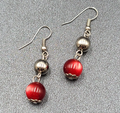 Pierced Earrings Silver tone Bead Red Moonglow Bead Dangle 1"