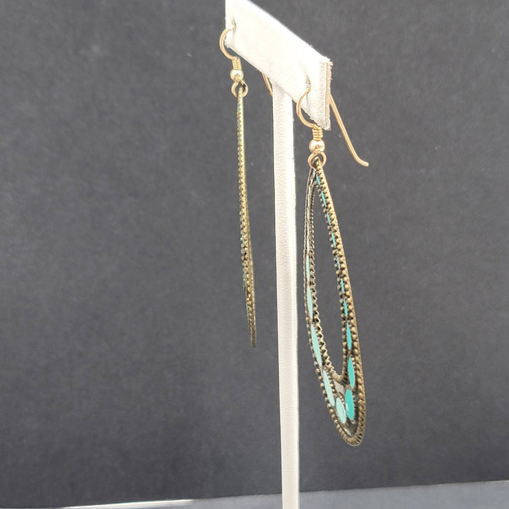 Pierced Earrings Bronze tone Blue Enamel Teardrop Hoops Large Dangle 2.75"