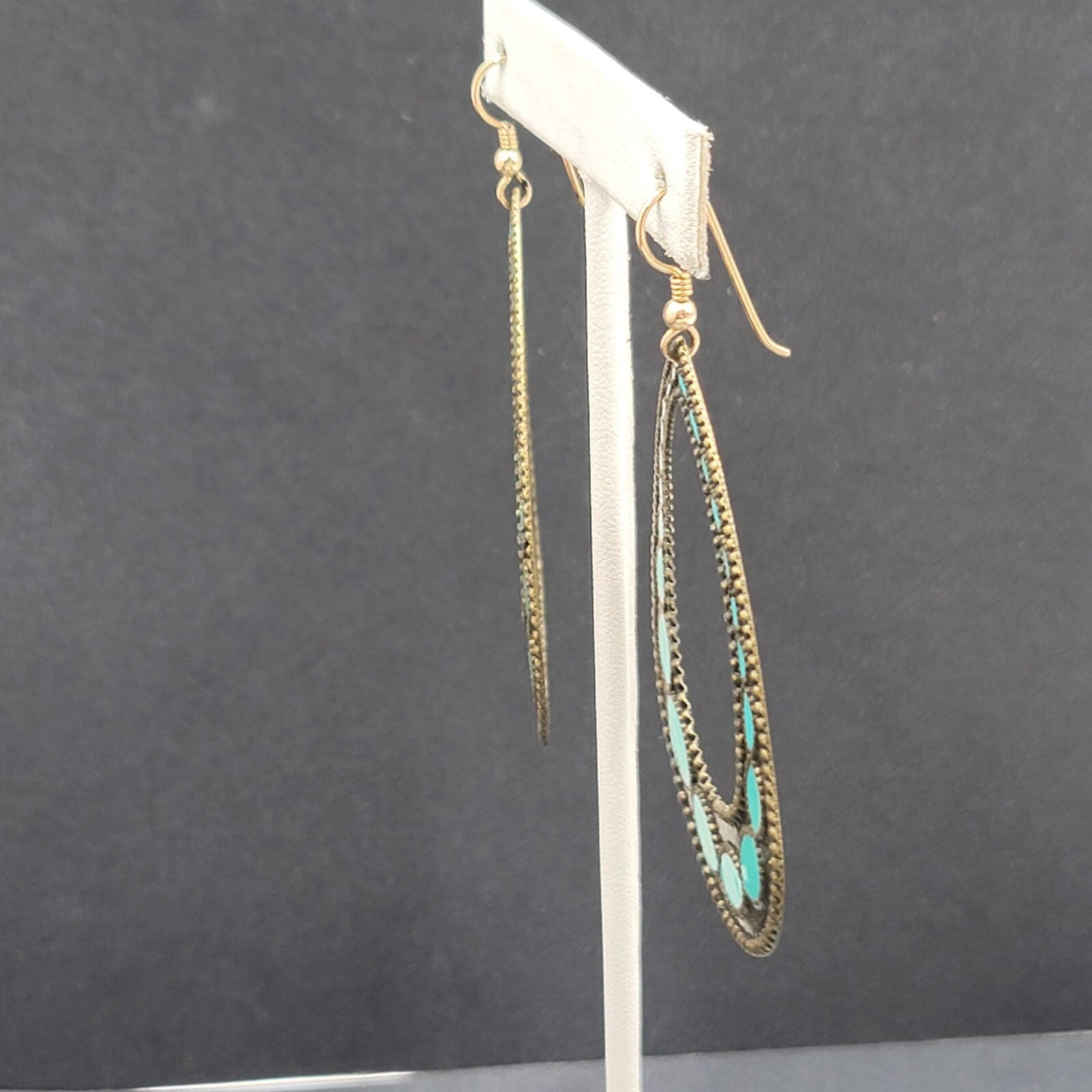 Pierced Earrings Bronze tone Blue Enamel Teardrop Hoops Large Dangle 2.75"