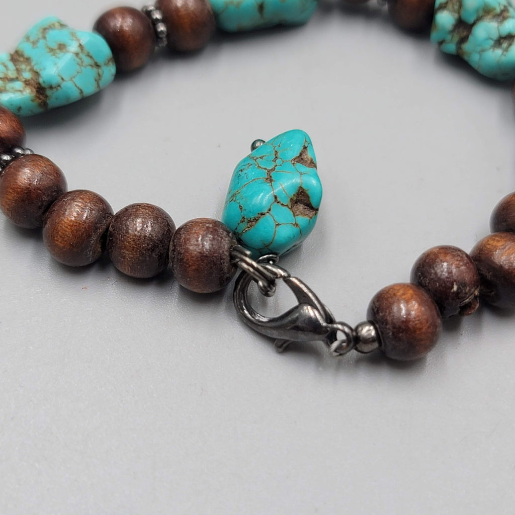 Wood and Blue Howlite Stone Bead Bracelet 6.5"