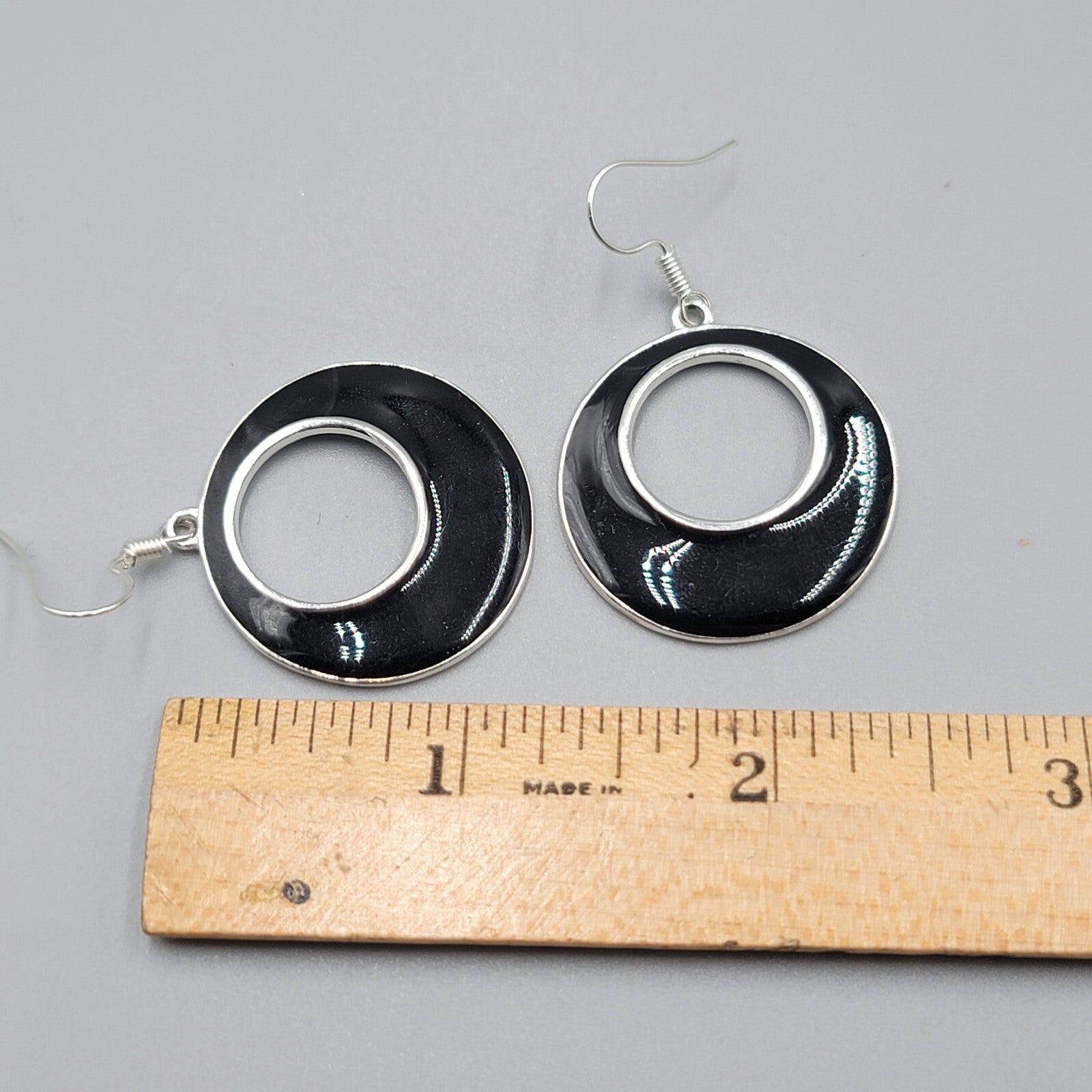 Open Circle Pierced Earrings Silver tone Black Enamel Dangle 1.25"