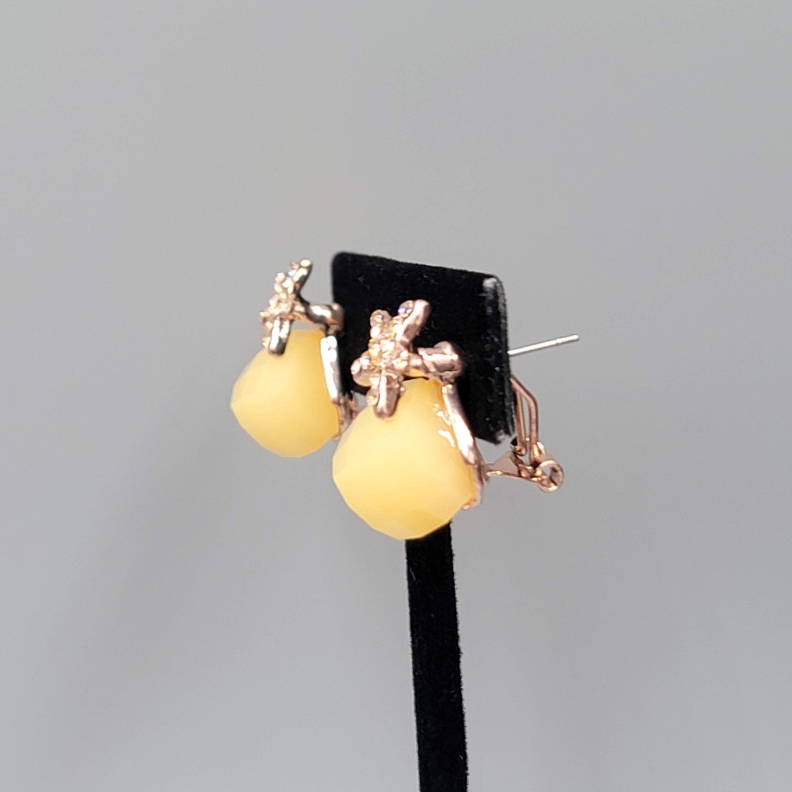 Rose Gold tone Pierced Earrings Yellow Square Drop 7/8"