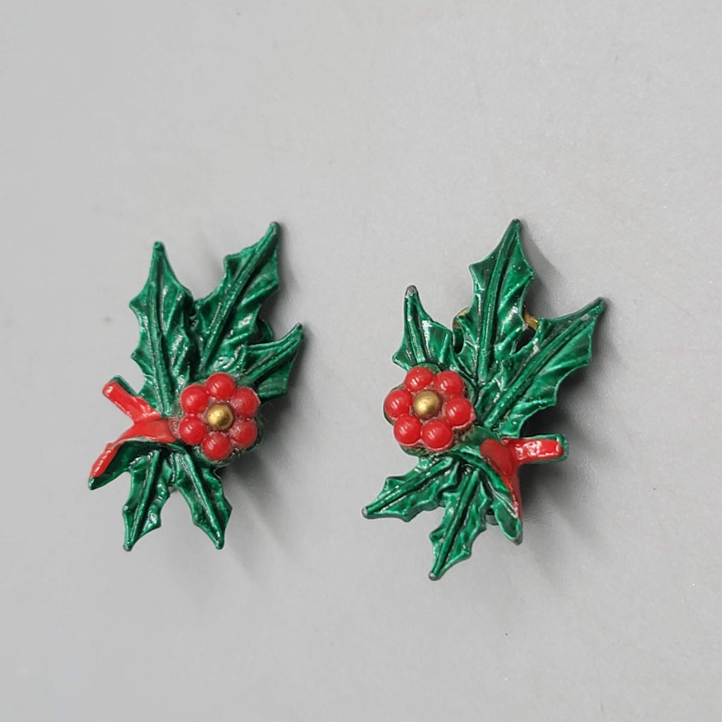 Vintage Enamel Holly Clip on Earrings Christmas Climber 1.25"