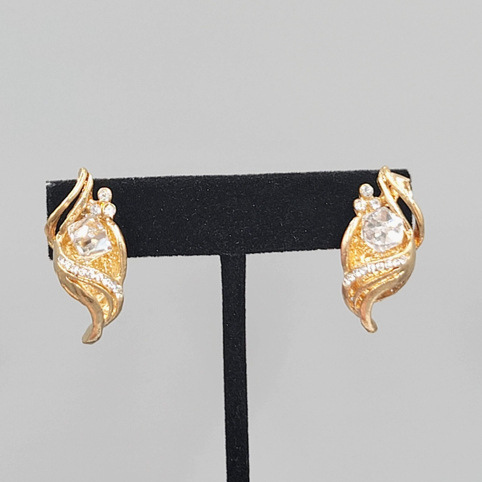 Vintage Statement Drop Pierced Earrings Large Rhinestone Gold Plated 1.25"