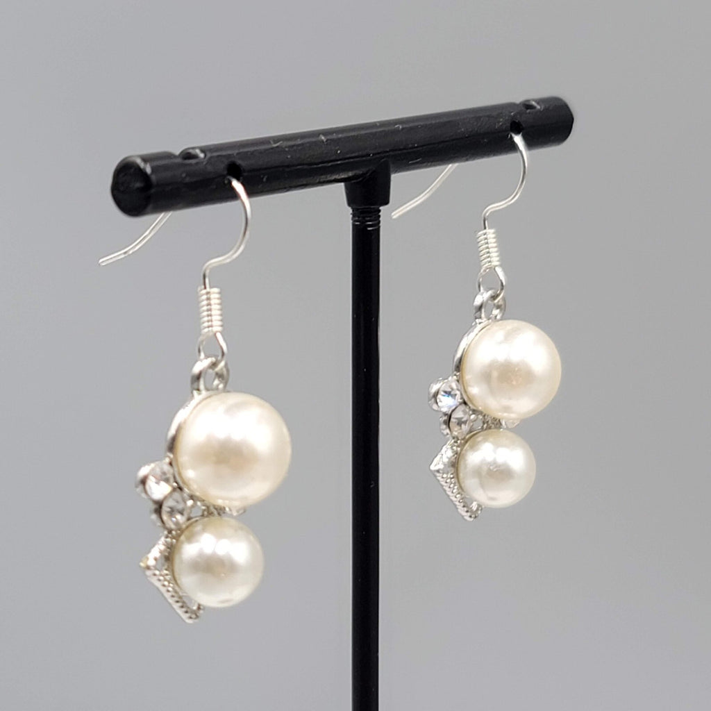 Pierced Earrings Silver tone Faux Pearl White Bead Rhinestone Dangle 7/8"