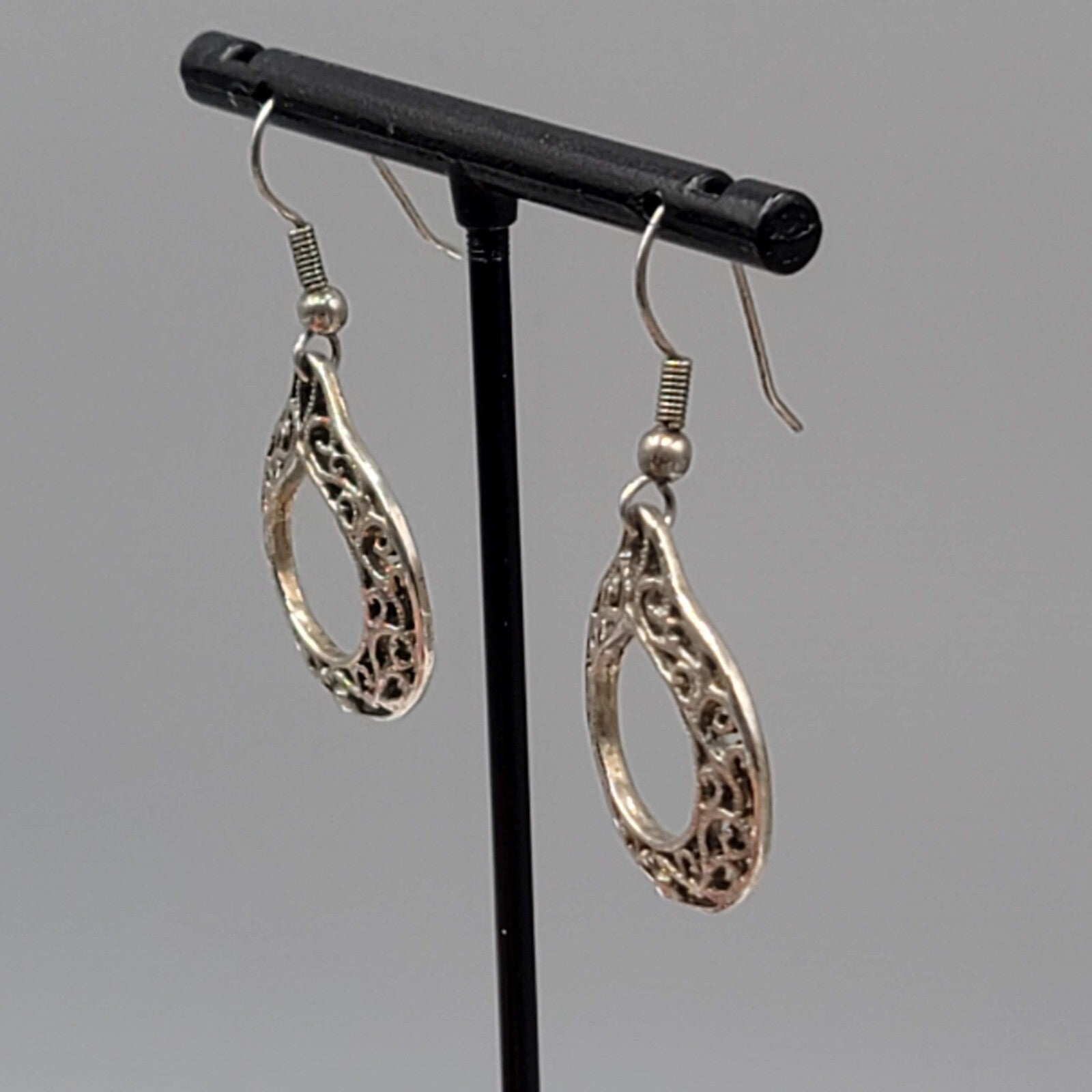 Vintage Pierced Earrings Silver tone Open Filigree Dangle 1"