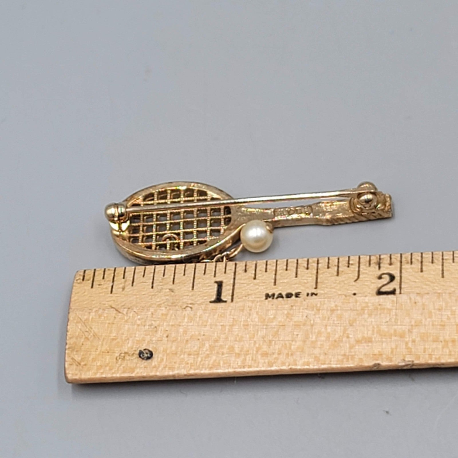 Vintage Avon Tennis Racquet Brooch Faux Pearl Dangle Gold tone 