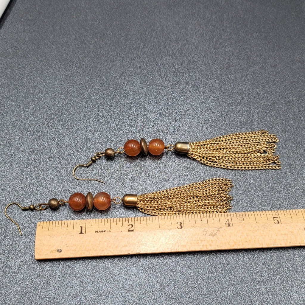 Pierced Earrings Gold tone Multi Chain Orange Bead Extra Long Dangle 4"