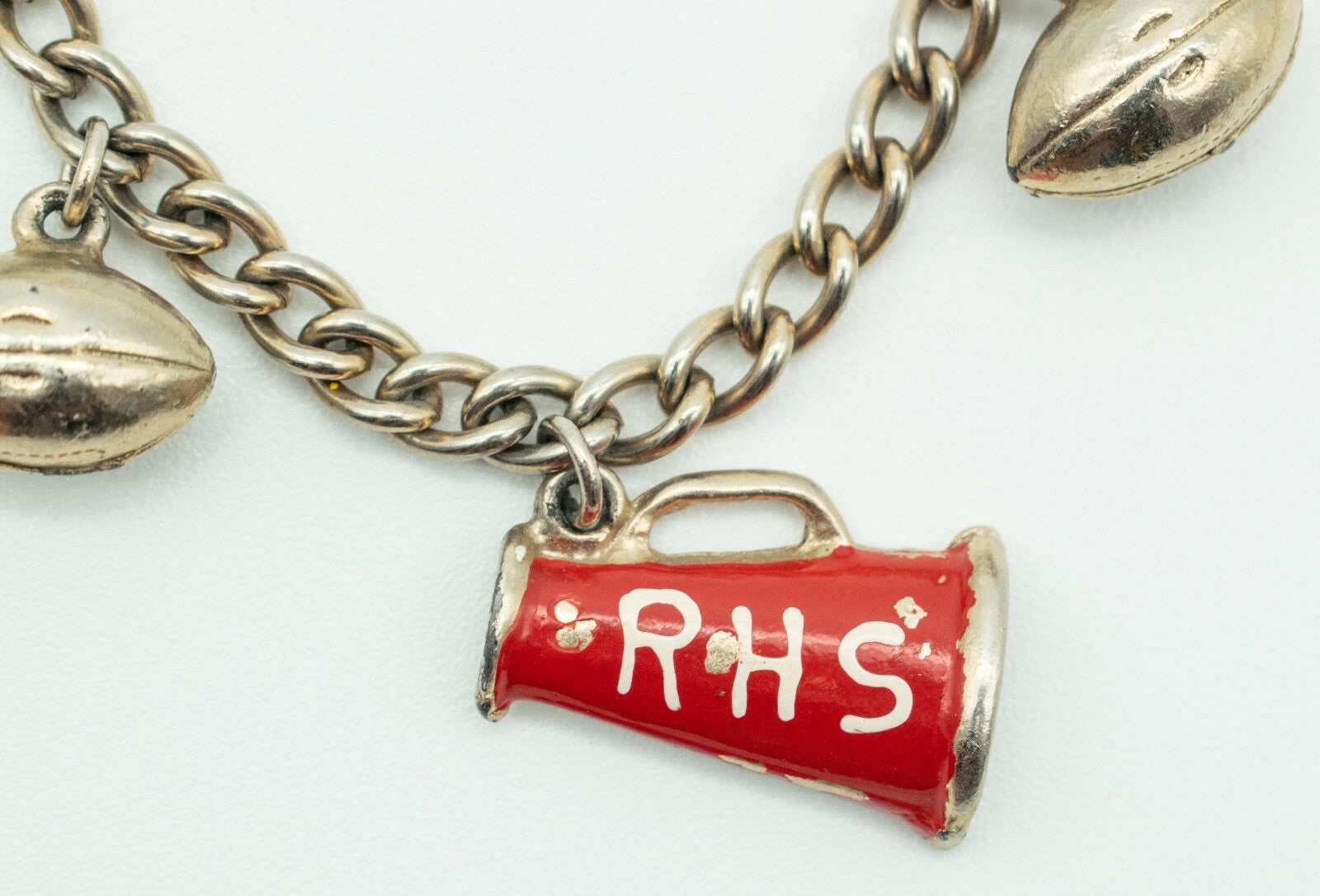 Vintage Cheerleader Football RHS Charm Bracelet Silver tone Enamel Estate 6 1/2"