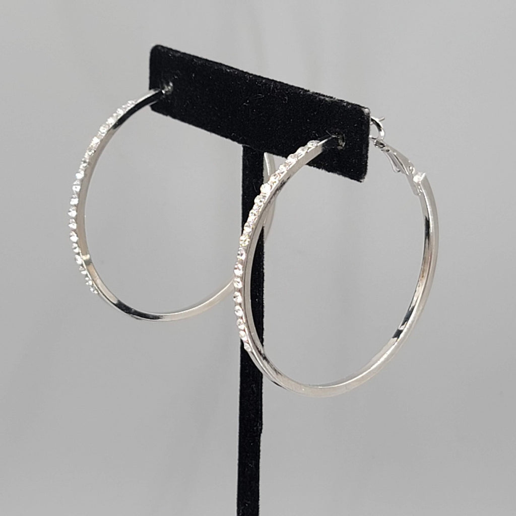 Rhinestone Hoop Pierced Earrings Silver toen Large 1 7/8"
